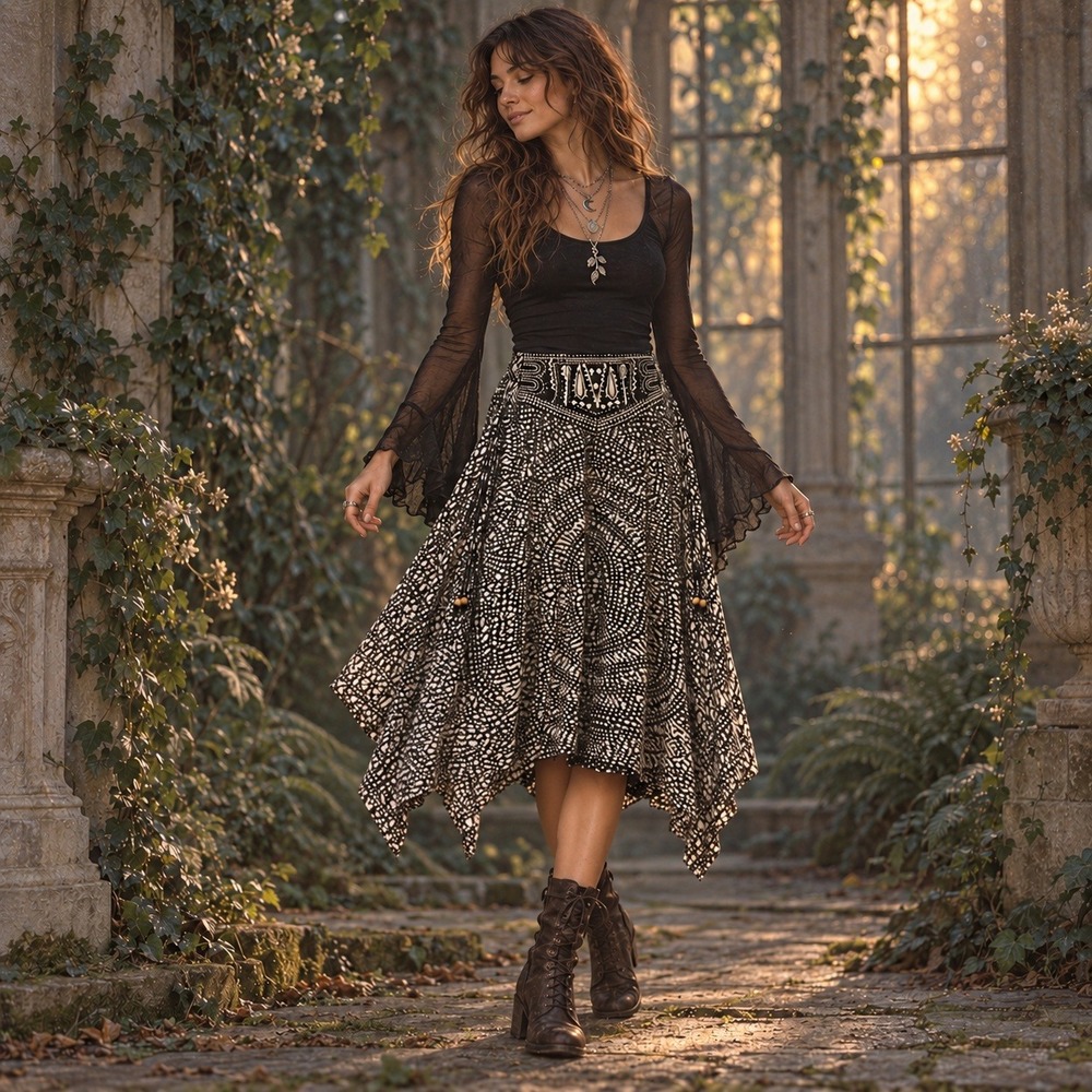 Y2K Whimsigoth Black White Handkerchief Skirt Embroidered Beaded Boho Fairy Med